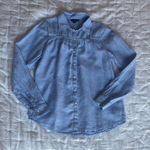 Land's End 100% Linen Blue Smock Detail Button-Up Shirt